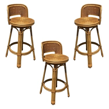 Restored Blond Bar Stool w/ Woven Wicker Seats, Set of 3 