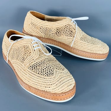 ROBERT CLERGERIE Size 8 Natural Woven Raffia Lace-Up Shoes