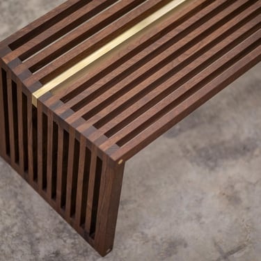 Modern Slat Bench in Walnut and Brass 