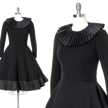 Vintage 1960s Dress | 60s GEOFFREY BEENE Black Wool Pleated Collar Circle Skirt Long Sleeve Fit and Flare Formal Evening Party Dress (small) 