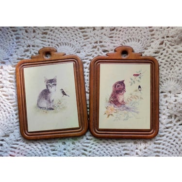 Vintage Cat Wall Hangings Set - 60s Wood Kitten Art Pictures - MCM Cats Litho Decor - Giordano 