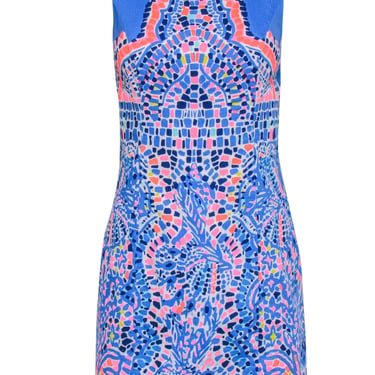 Lilly Pulitzer - Blue, Neon Pink & Yellow Mosaic Print Sleeveless Sheath Dress Sz 2