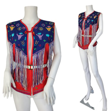 Irene Pulos 1980's Red Blue Embroidered Fringe Vest I Sz Med I South West I Mexico 