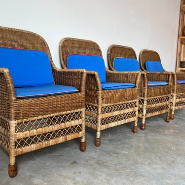 Palm Beach Boho Chic Woven Wicker Rattan Arm Dining Chairs - Set of 4 