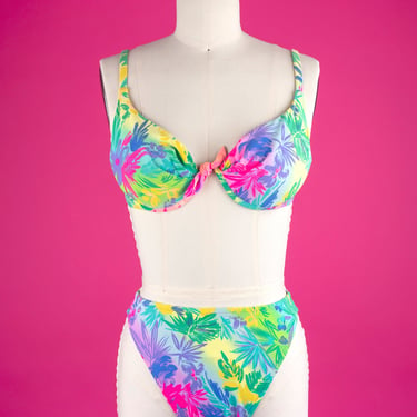 Vintage 80s Electric Beach by Jantzen Neon Abstract Floral High Cut Bikini Swimsuit 
