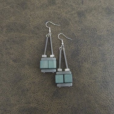 Geometric earrings, brushed silver earrings, mid century modern earrings, unique statement earrings, blue industrial earrings, wooden 