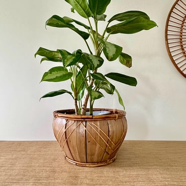 Vintage Large Round Hand Woven Bamboo Basket - Planter 