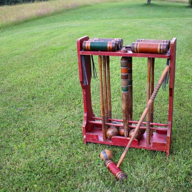 Vintage Lawn Croquet Set Complete 6 Player in Original Red Rack 