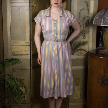 1950s Dress - Charming Pink, Grey, Yellow Striped Cotton 50s Day Dress As Is 