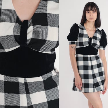 Checkered Babydoll Dress 60s Mod Mini Dress Black White Plaid Puff Sleeve Velvet Trim Empire Waist Retro Girly Vintage 1960s Extra Small xs 