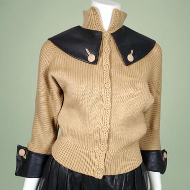 1950s avant garde sweater vintage wool with leather trim dolman sleeves big cuffs & Peter Pan collar button front unique novelty jester (S) 