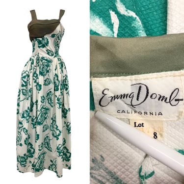 Vtg Vintage 1950s 50s Designer Emma Domb Green Floral Garden Party Formal Gown 