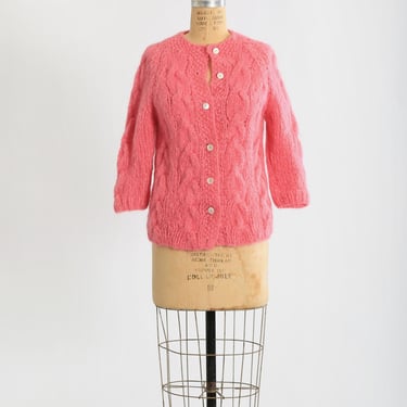 Vintage 60s Pink hand knit Italian wool sweater cardigan 