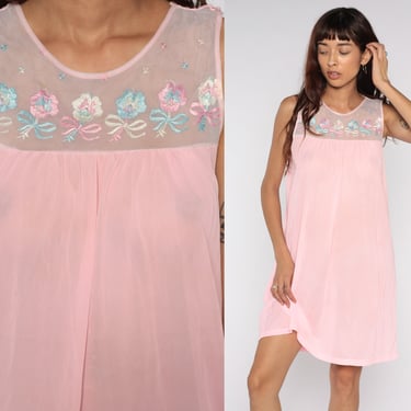Sheer Pink Nightgown Lingerie Slip Dress 70s Embroidered Babydoll Mini Pastel Nightie Tent Trapeze Nylon Boho 1970s Vintage Medium 
