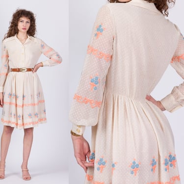 70s Embroidered Painted Polka Dot Shirtdress - Medium | Vintage Ivory Boho Long Sleeved Collared Midi Dress 