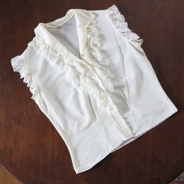 Vintage 1950s Frilly Lace Top M L - 50s Rockabilly White Pintuck Ruffle Collar Sleeveless Blouse 