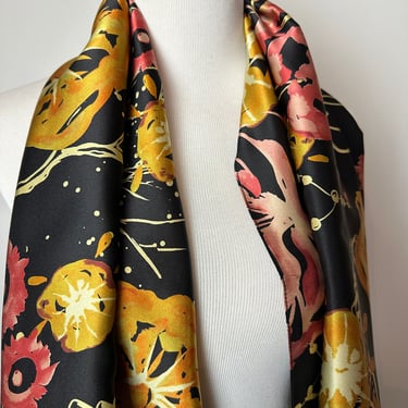 All silk scarf/ wrap~ huge XLG wrap shawl~ black gold with pink floral~ luxurious feeling 