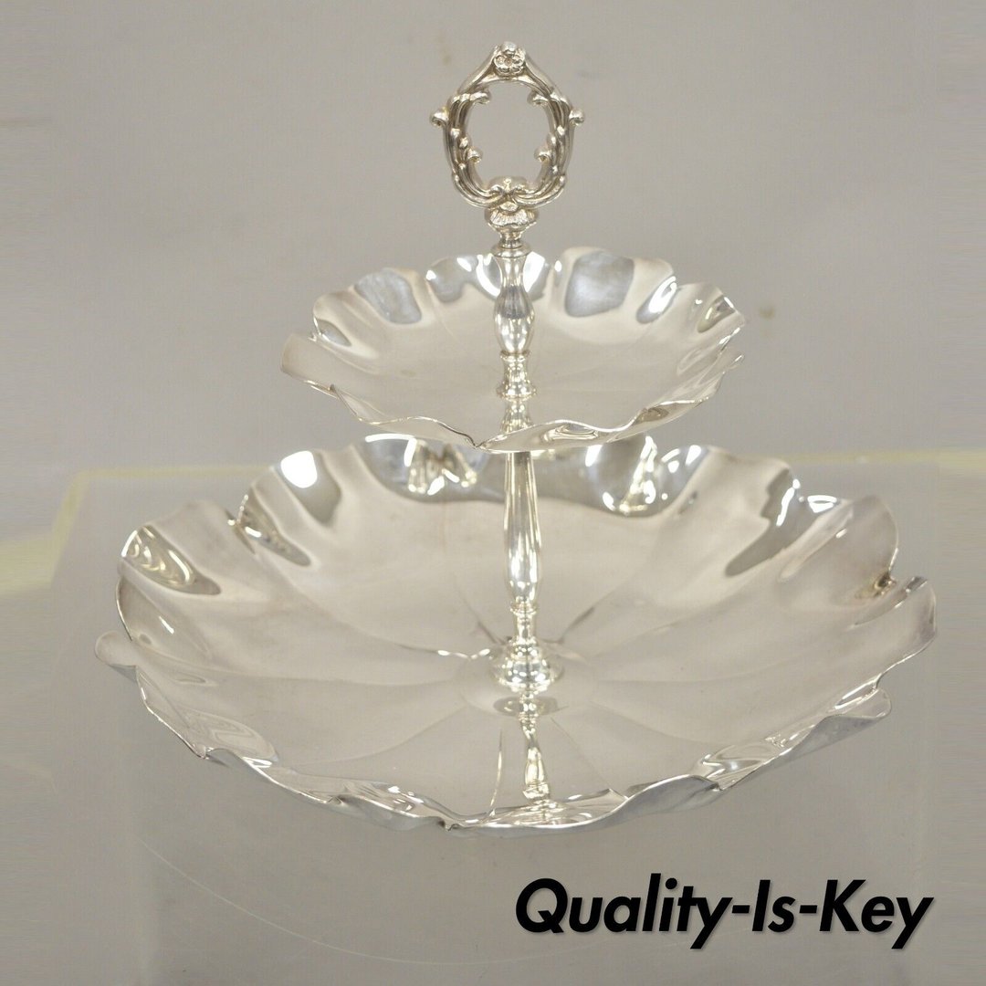 Vintage Silver Plate 2 Tier Scalloped Edge Candy Dish Display Stand