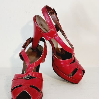 40s Red Platform Heels Shoes Maryjane Sandals Frederic Originals 7 