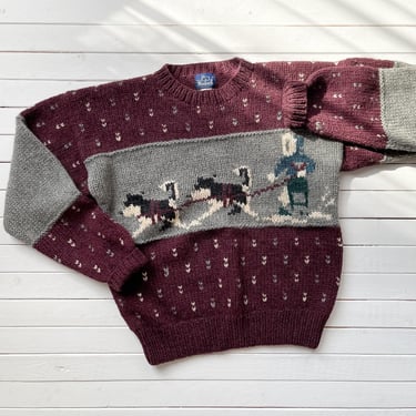 dog wool sweater 80s 90s vintage Woolrich winter dog sled burgundy intarsia sweater 