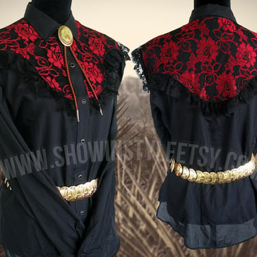 Miss Rodeo America Vintage Western Women's Cowgirl Shirt, Rodeo Blouse, Red & Black Lace Yokes, Approx. Medium (see meas. photo) 
