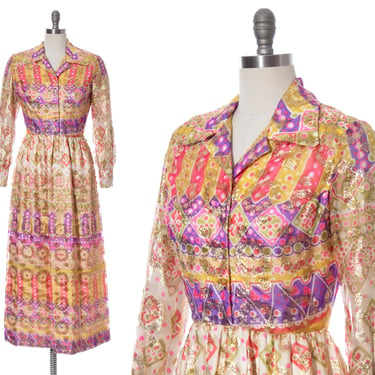 Vintage 1960s 1970s Party Dress | 60s 70s Metallic Chiffon Psychedelic Geometric Long Sleeve Sheath Shirtwaist Maxi Gown (small/medium) 