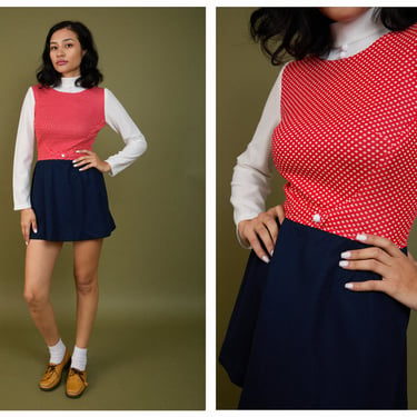 Vintage 1960s 60s 1970s 70s Navy, White and Red Polka Dot Micro Mini Dress w/ High Neckline and Flared Skirt 