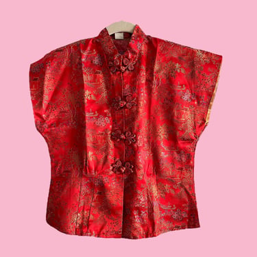 Vintage 1960s Chinese Embroidered Tapestry Cheongsam Top Medium, Whimsical Red Blouse 