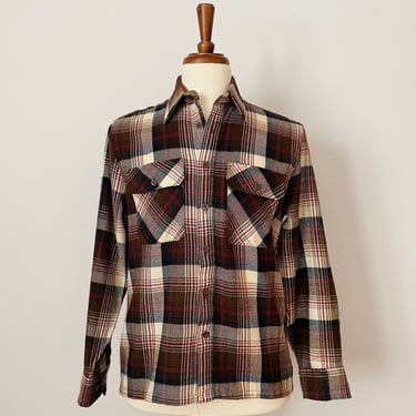 Vintage Woodland / Navy / Brown / Off White / Plaid / Flannel Button Up Shirt / Unisex / FREE SHIPPING 