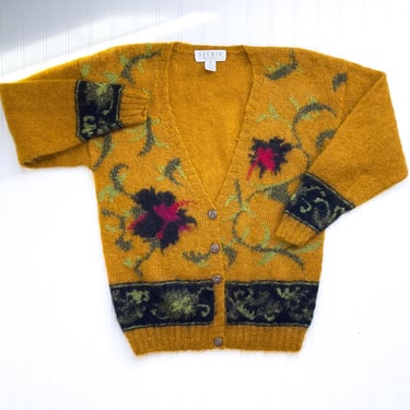 yellow mohair sweater 80s vintage mustard yellow rose floral oversized cardigan 