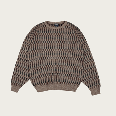 (L) Tan Marled Knit Striped Sweater