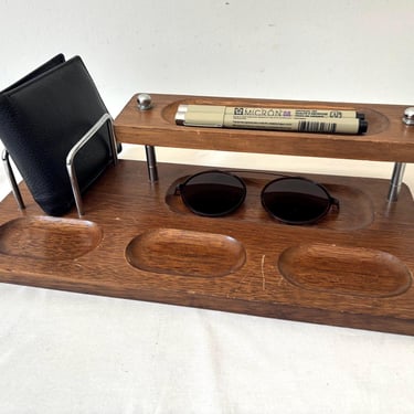 Vintage MCM Wood 2 Tier Men Dresser Valet Caddy | Office Desk Pen Stationery Organizer Entry Key Wallet Coin Cufflink Ring Dish Display Tray 