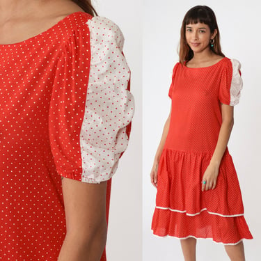 Puff Sleeve Dress 80s Red Polka Dot Print Dress Drop Waist Dress Flounce Midi Ruffled Square Dance Dress Vintage 1980s Party Medium 