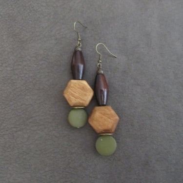 Earth toned wooden earrings, hexagon earrings, bold earrings, statement earrings, ethnic earrings, rustic natural earrings, antique bronze 0 