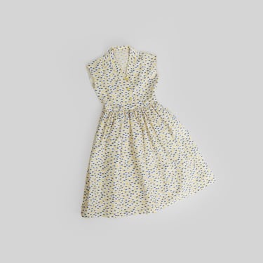 Vintage 1950s cotton yellow + blue dot day dress 