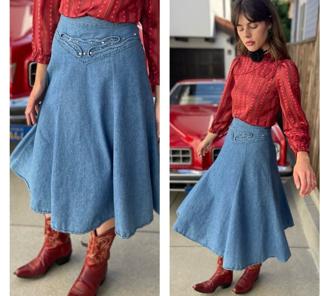 80s denim Jean Skirt rhinestone cowgirl embellishments high