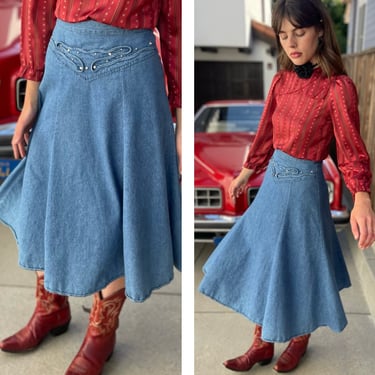 80s denim Jean Skirt rhinestone cowgirl embellishments high waist S M 