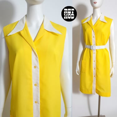 Cute Vintage 60s 70s Yellow & White Color Block Collared Sleeveless Shift Dress 