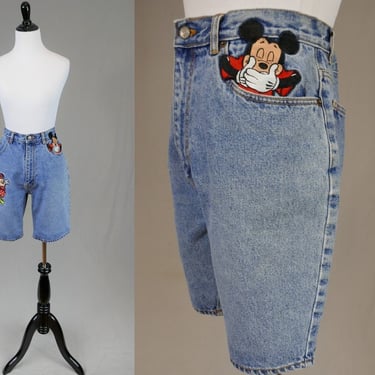 90s Disney Jean Shorts - 30" waist - Embroidered Mickey and Minnie Mouse - Light Blue Cotton Denim - Vintage 1990s - M L 