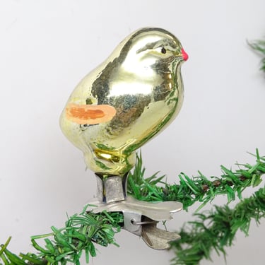 Antique Hand Painted Russian Glass Chick Christmas Ornament Clip, Vintage Feather Tree Decoration 