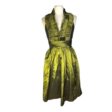 Vintage Y2K 2000s Watters Wtoo Metallic Olive Green Pleated Halter Dress Fairy 8 