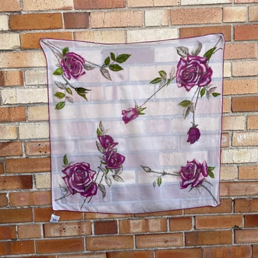 vintage cream and pink rose print hand rolled silk scarf / 29in x 29in 