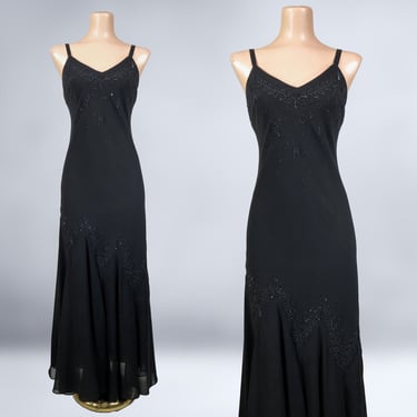 VINTAGE 90s Gothic Black Beaded Formal Slip Dress by R&M Richards 10 Petite | 1990s 20s Style Gatsby Party Dress | VFG 