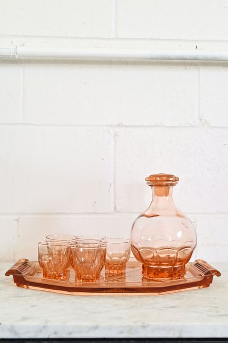 large vintage french pink glass decanter set
