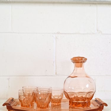 large vintage french pink glass decanter set