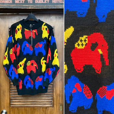 Vintage 1980’s New Wave Elephant Design Black Background Cartoon Sweater, 80’s Mock Collar, Vintage Clothing 