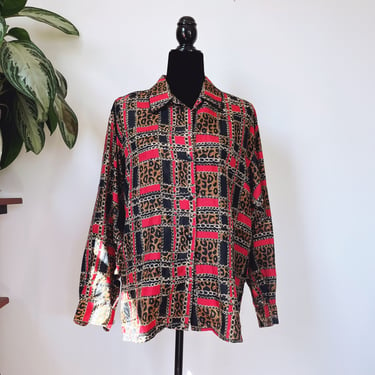 Vintage 80s Anna and Frank Silk Red Leopard Blouse 