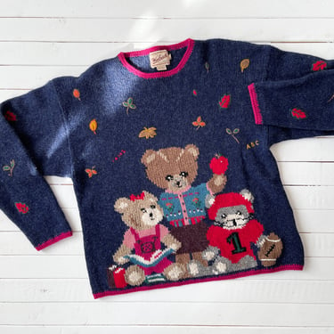 embroidered sweater 90s vintage Woolrich teddy bear navy wool cute cottagecore teacher granny sweater 