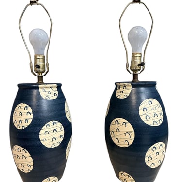 Mid Century Pair of Art PotteryTable Lamps with a Japanese Flair