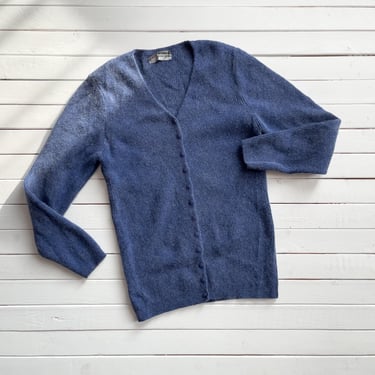 blue wool sweater 90s vintage Mauro Sergio angora ribbed cardigan 